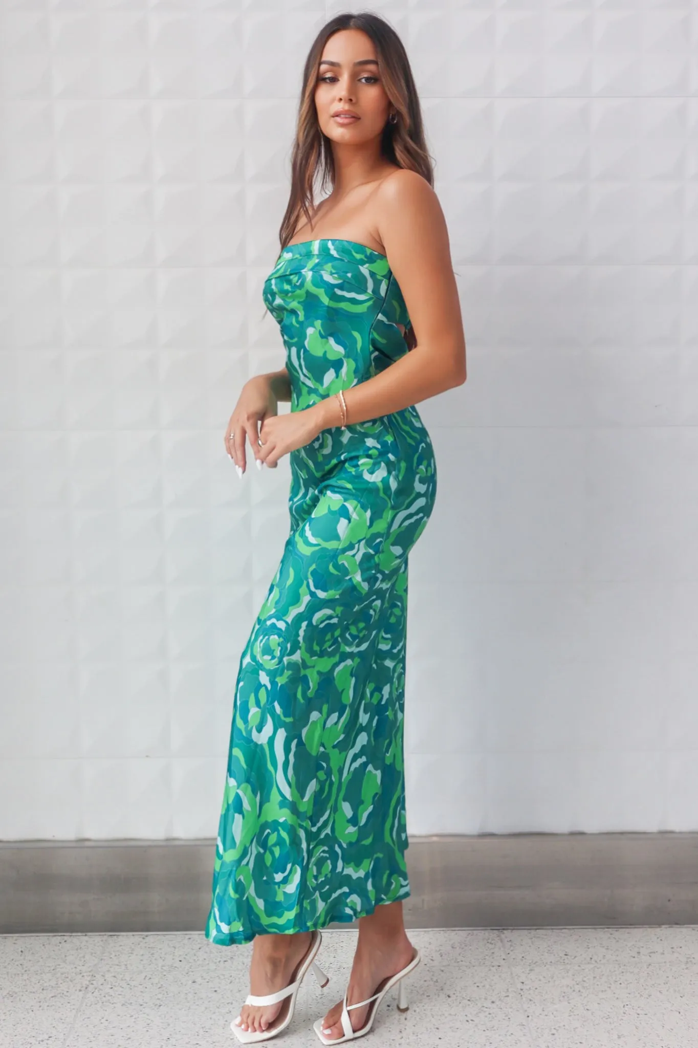 Kyra Satin Maxi Dress - Green Print