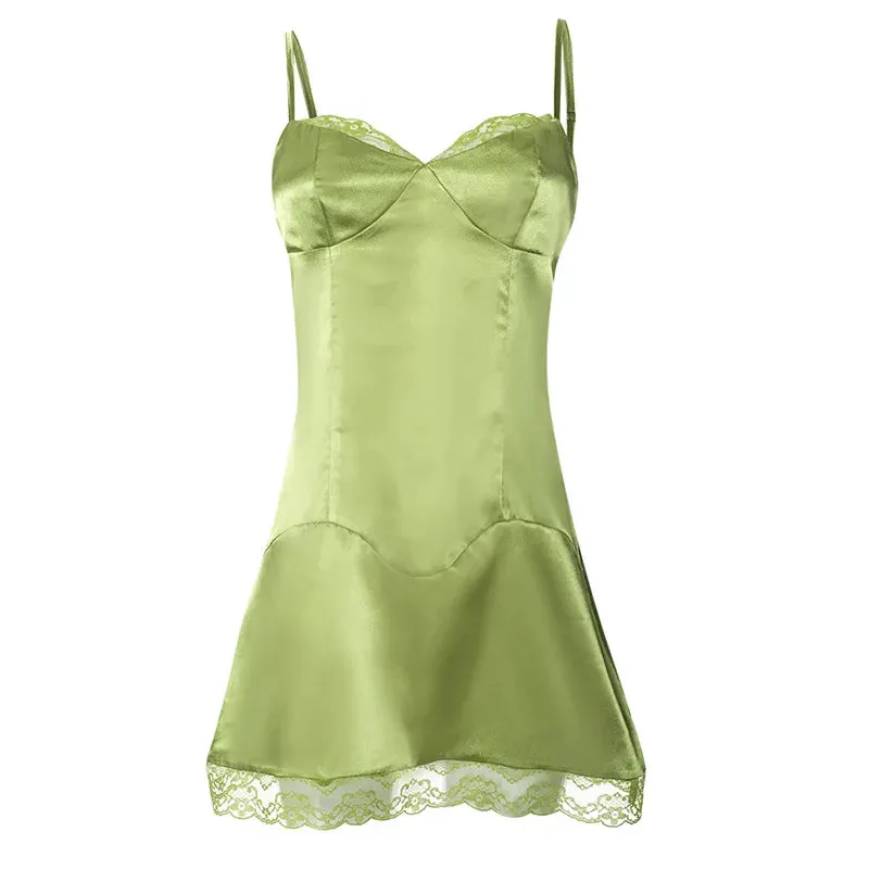 Lace Trim Satin Green Slip Dress Girls Y2k Sexy Outfit Women Club Wear V Neck Cami Mini Dresses Summer 2024 P85-DI11