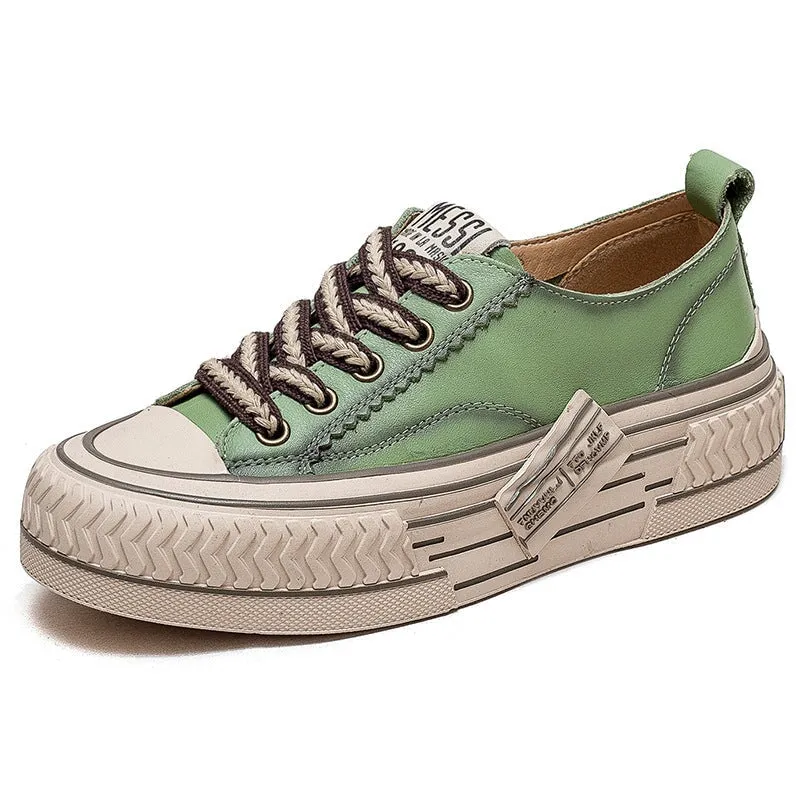 Leather Platform Sneakers for Women Low-top Lace Up in Green/Red/Beige