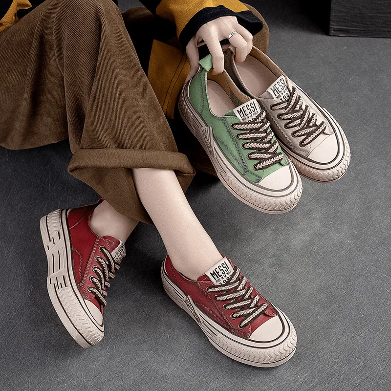 Leather Platform Sneakers for Women Low-top Lace Up in Green/Red/Beige