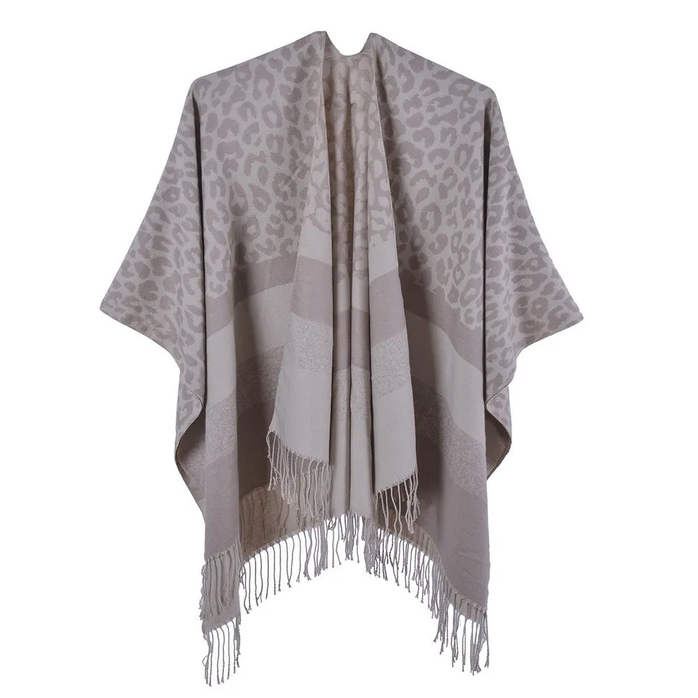 Leopard fringed scarf in autumn and winter, cashmere like split cloak in the street, dinner party tour