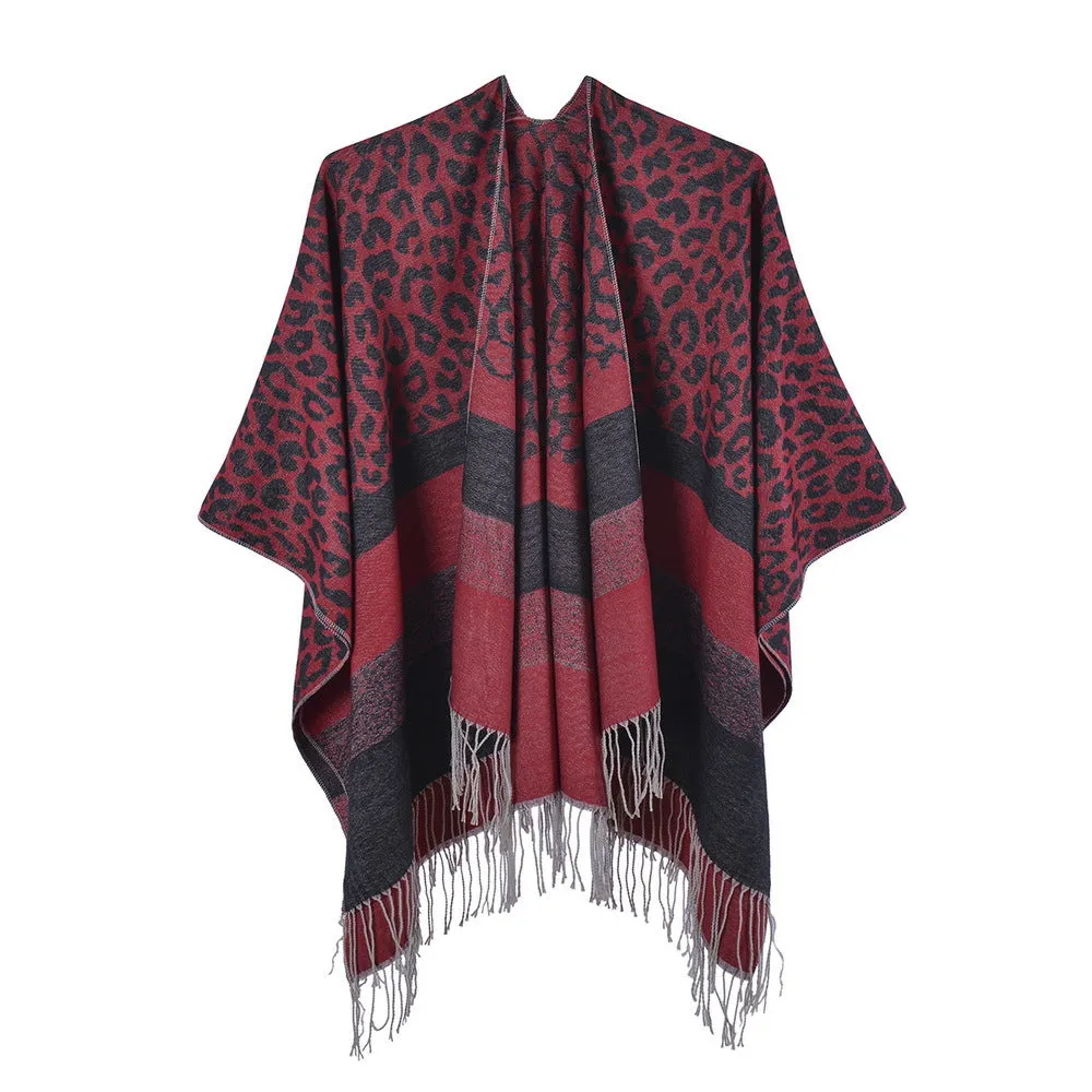 Leopard fringed scarf in autumn and winter, cashmere like split cloak in the street, dinner party tour