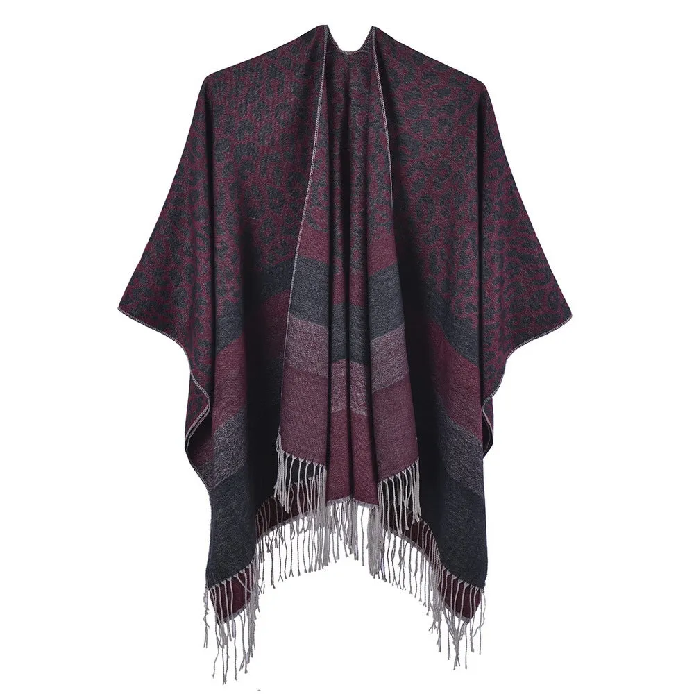 Leopard fringed scarf in autumn and winter, cashmere like split cloak in the street, dinner party tour