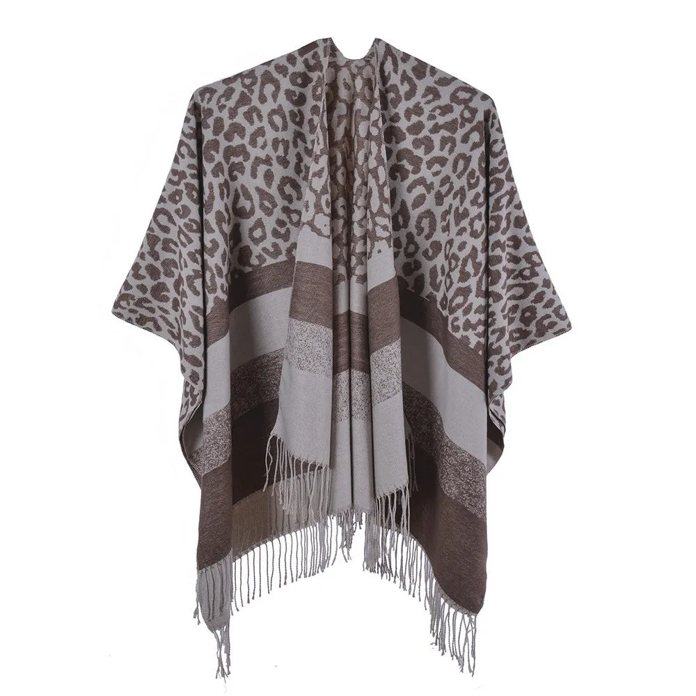 Leopard fringed scarf in autumn and winter, cashmere like split cloak in the street, dinner party tour