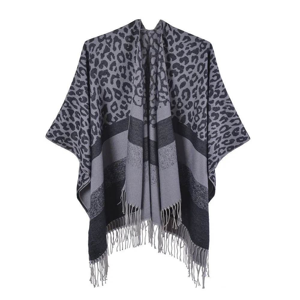 Leopard fringed scarf in autumn and winter, cashmere like split cloak in the street, dinner party tour