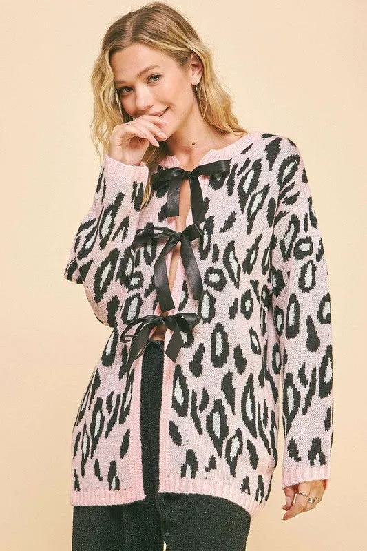 Leopard Ribbon Tie Front Loose Fit Cardigan