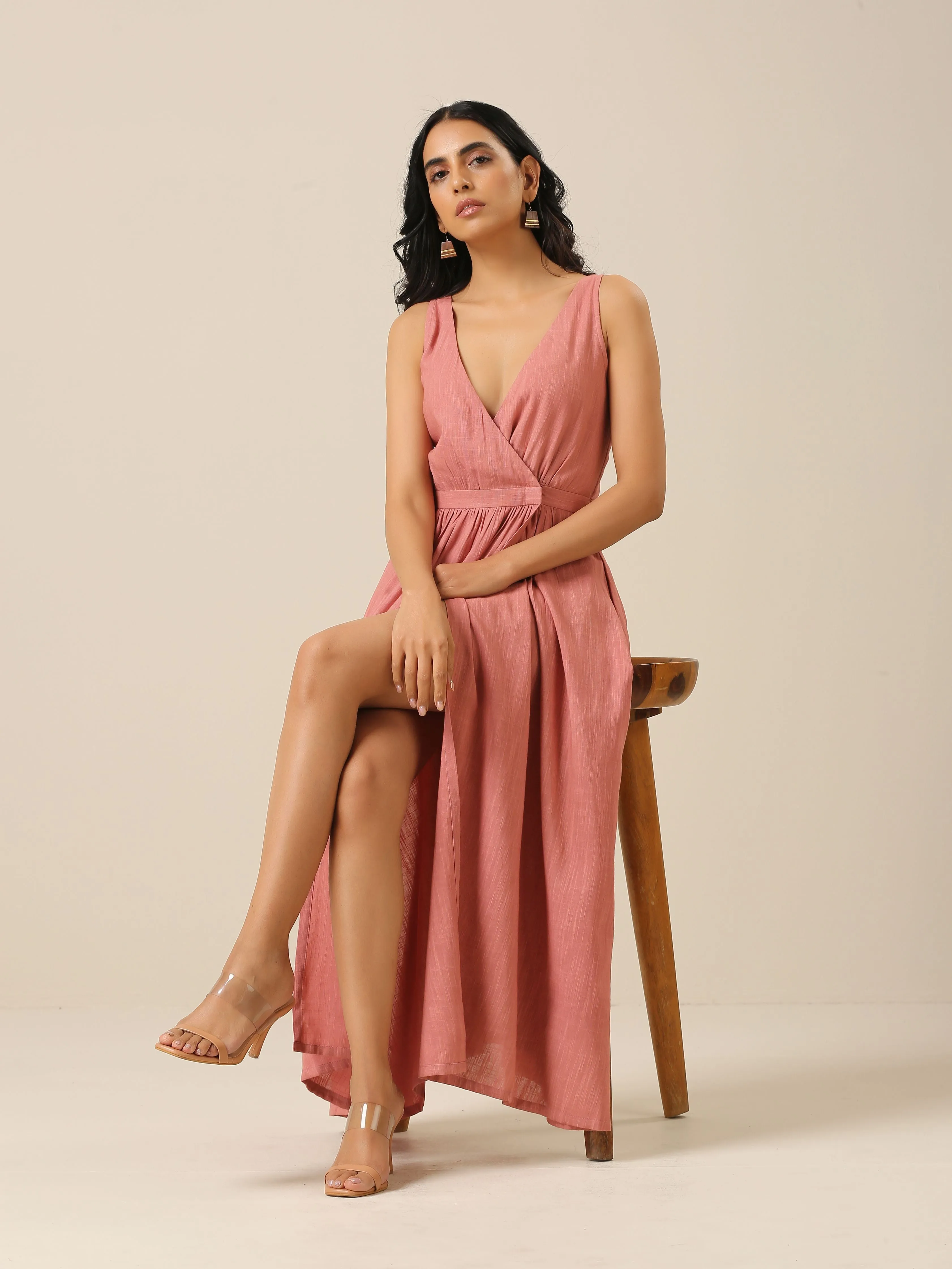 Light Mauve Slub Texture Sleeveless Wrap Dress