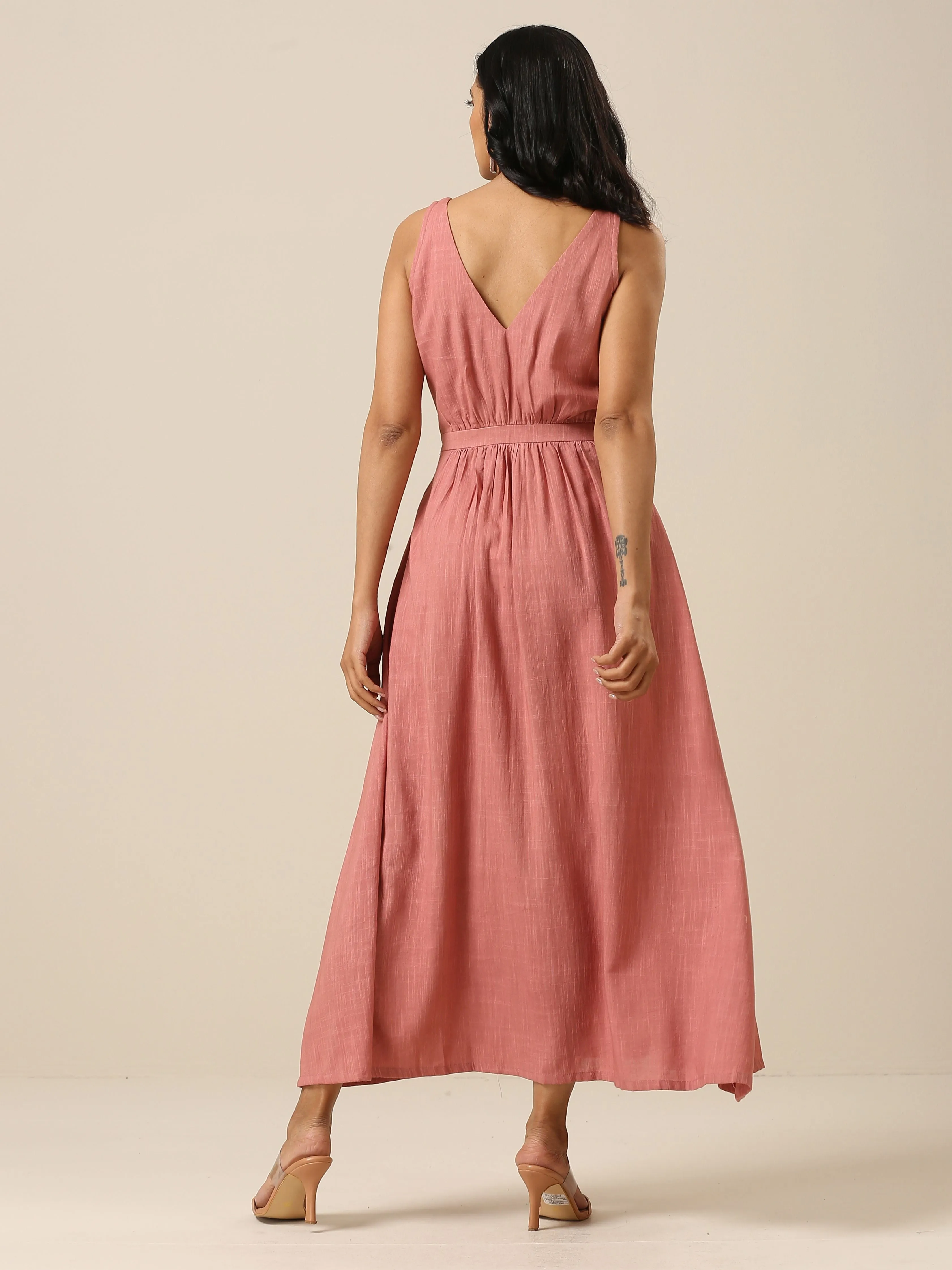 Light Mauve Slub Texture Sleeveless Wrap Dress