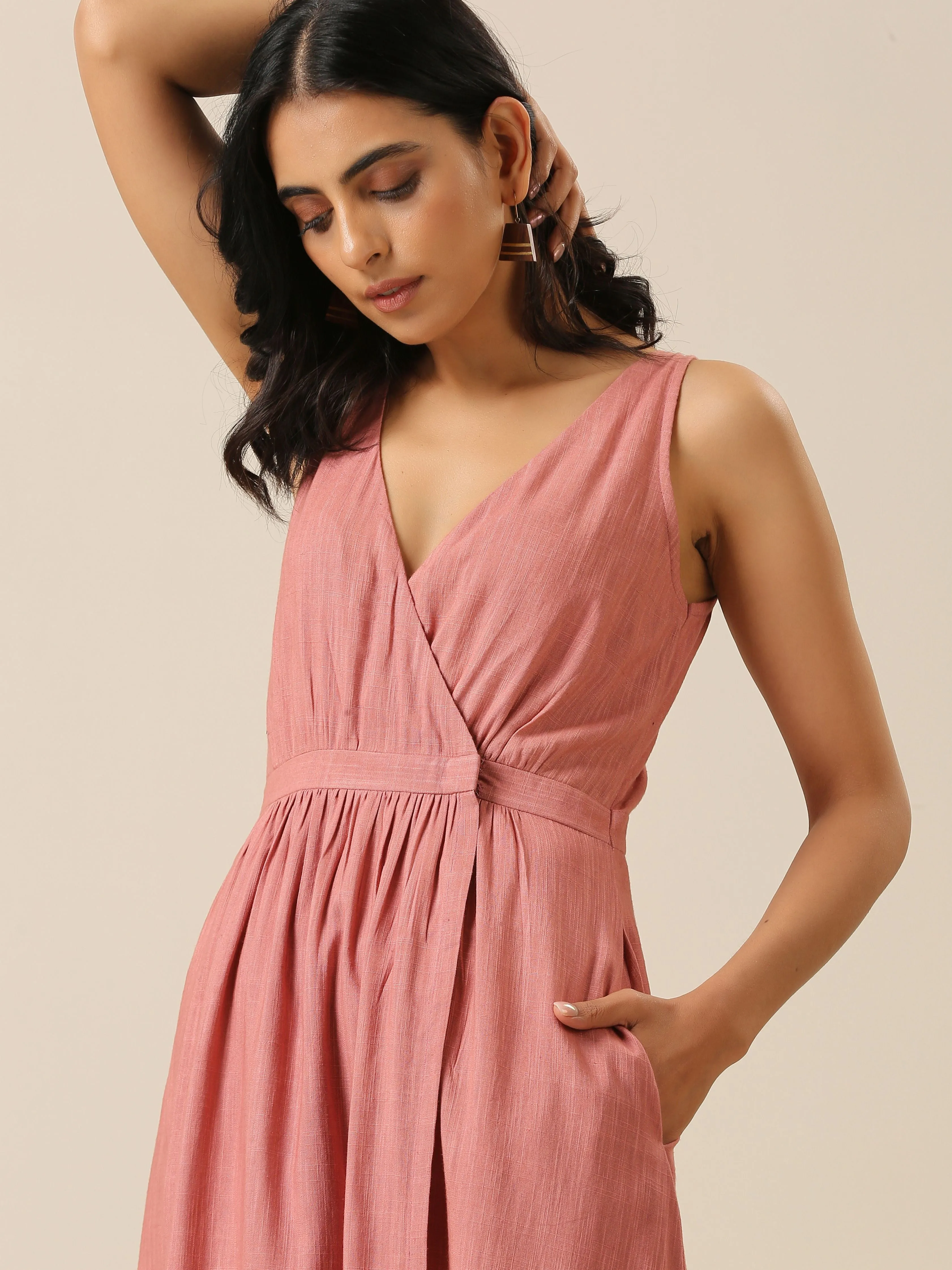 Light Mauve Slub Texture Sleeveless Wrap Dress