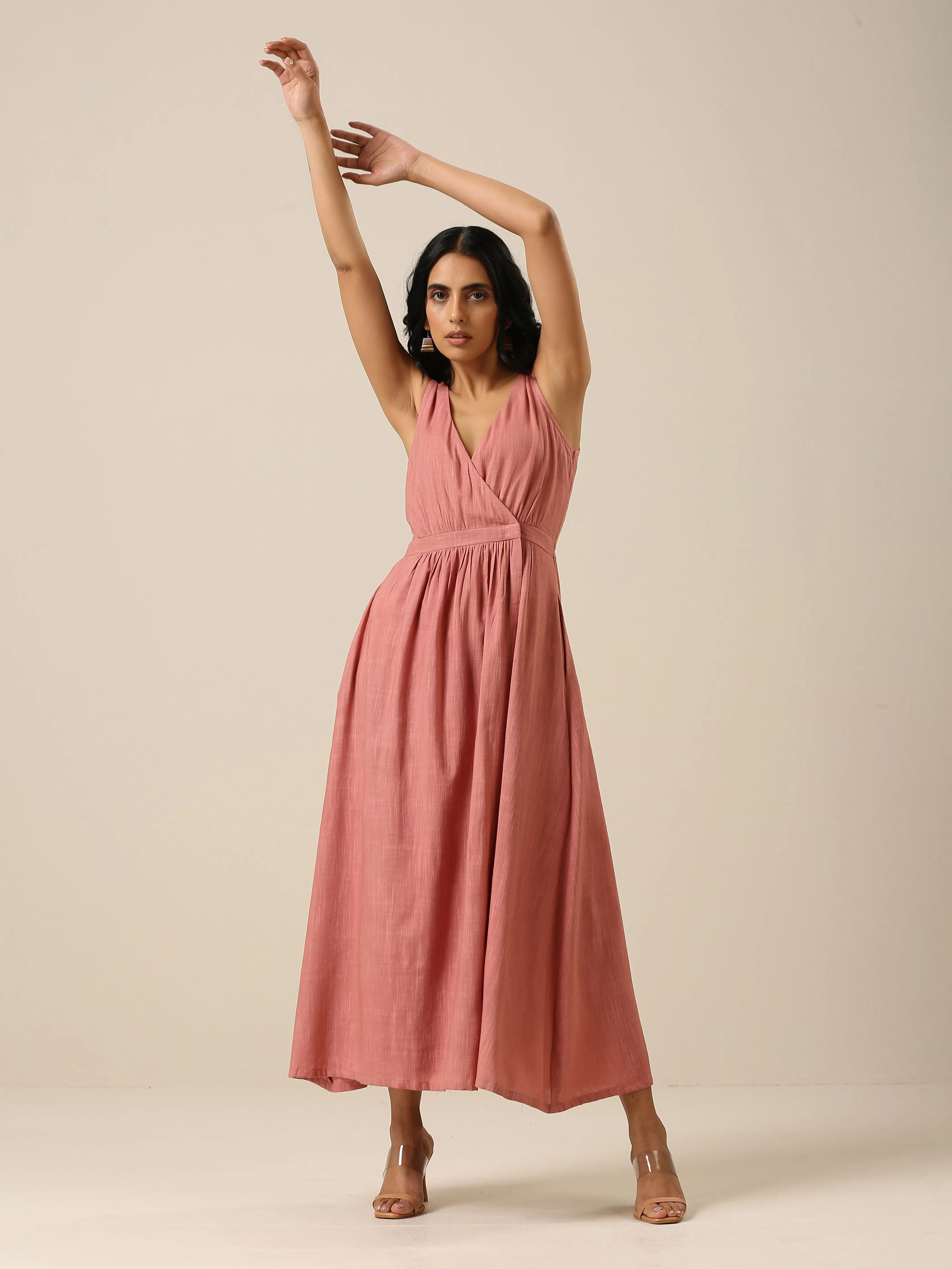 Light Mauve Slub Texture Sleeveless Wrap Dress