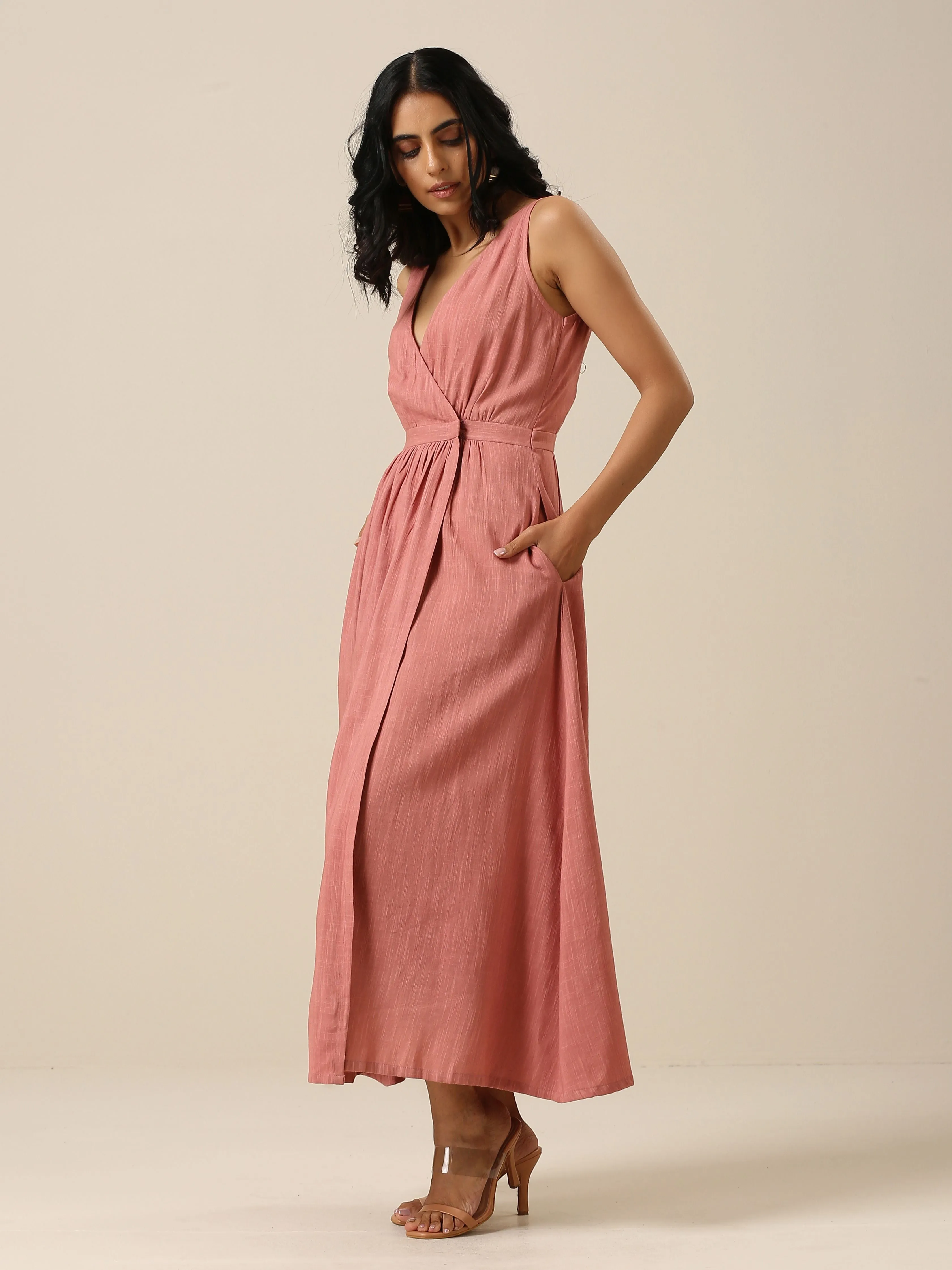 Light Mauve Slub Texture Sleeveless Wrap Dress