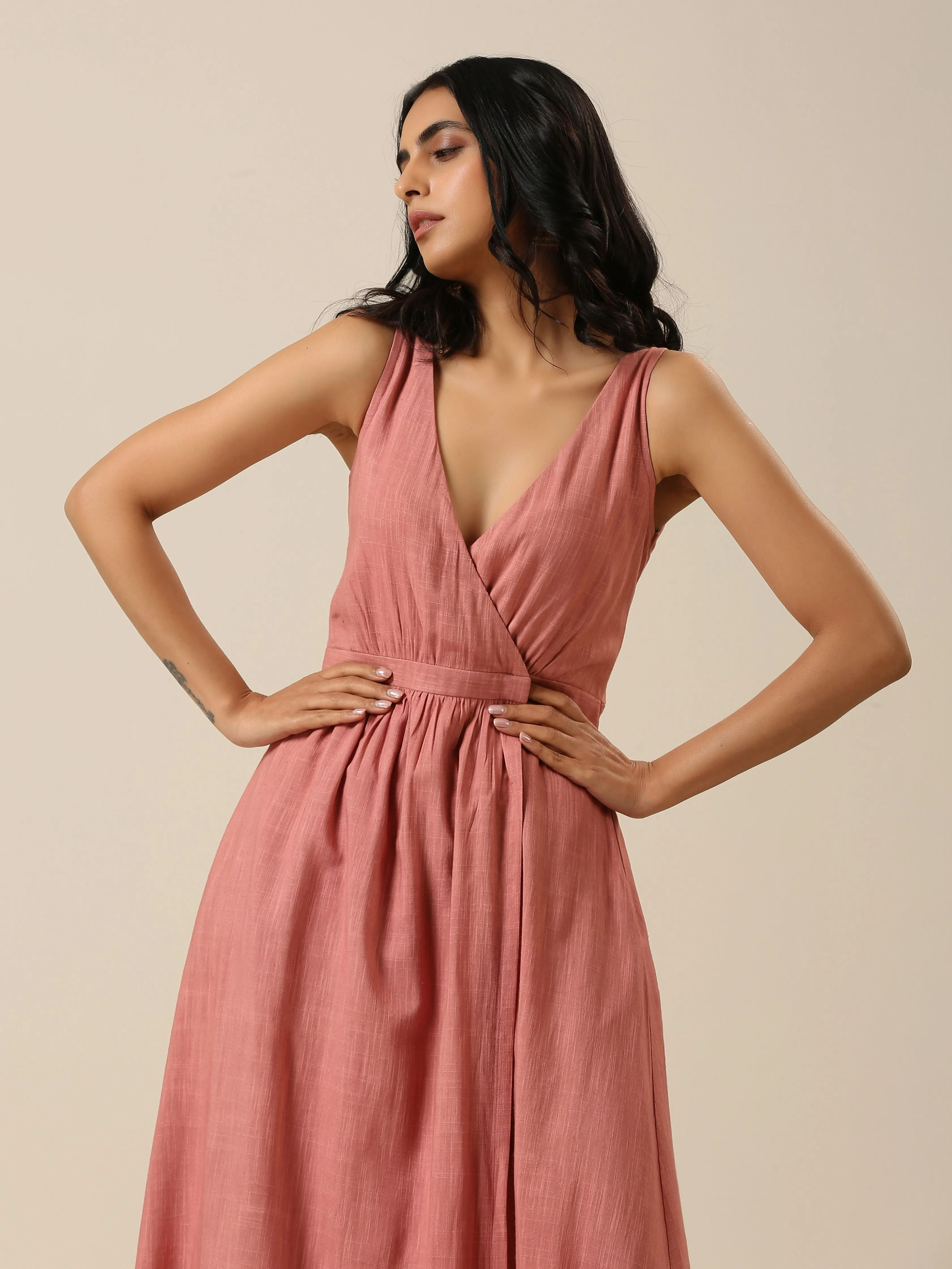 Light Mauve Slub Texture Sleeveless Wrap Dress