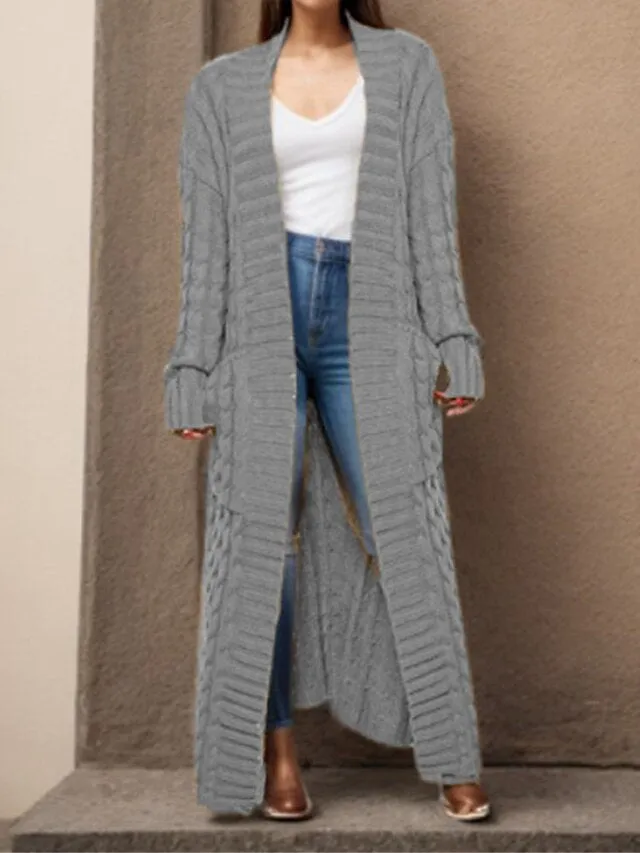 Long Cardigan V Neck Cable Knit Sweater with Pockets