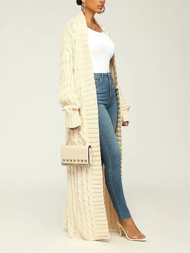 Long Cardigan V Neck Cable Knit Sweater with Pockets