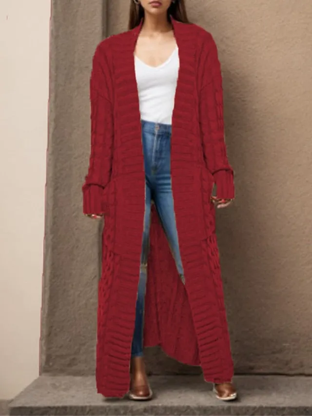 Long Cardigan V Neck Cable Knit Sweater with Pockets