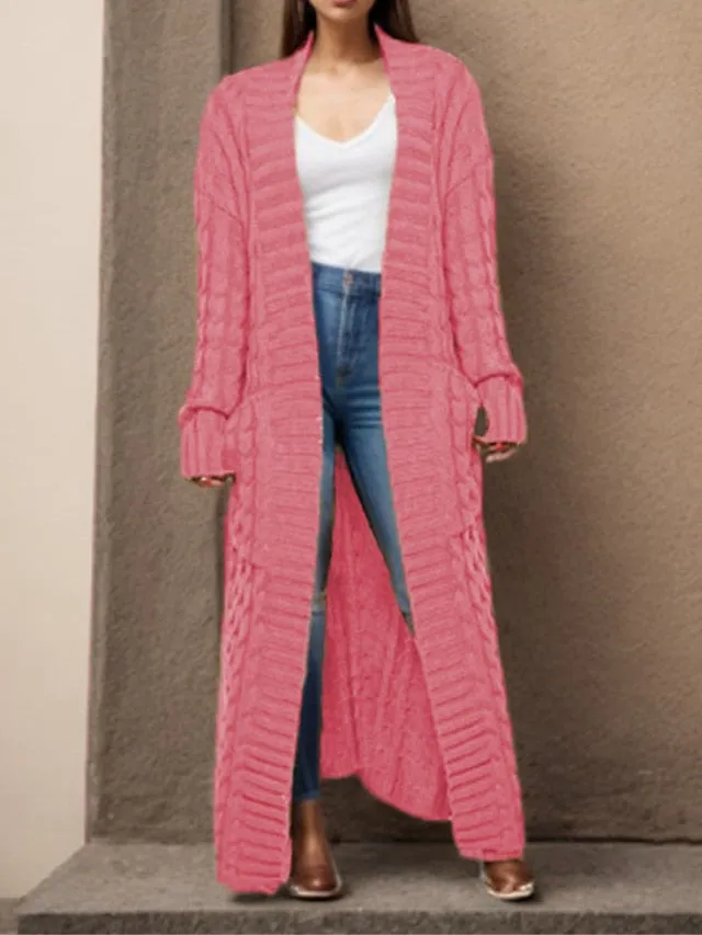 Long Cardigan V Neck Cable Knit Sweater with Pockets