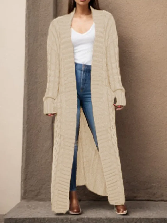 Long Cardigan V Neck Cable Knit Sweater with Pockets