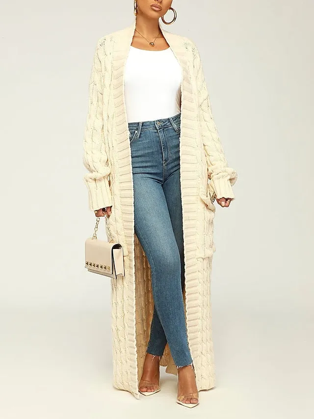 Long Cardigan V Neck Cable Knit Sweater with Pockets