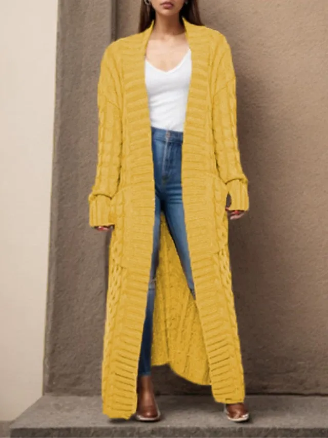 Long Cardigan V Neck Cable Knit Sweater with Pockets