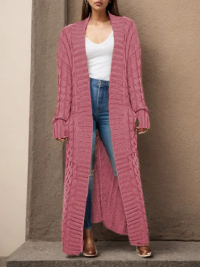 Long Cardigan V Neck Cable Knit Sweater with Pockets