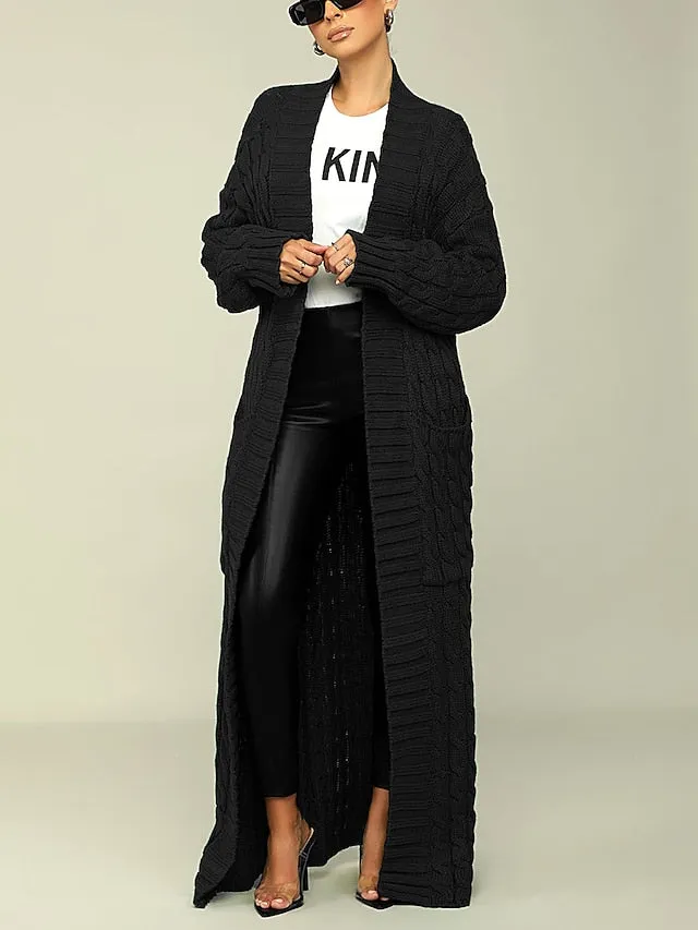 Long Cardigan V Neck Cable Knit Sweater with Pockets