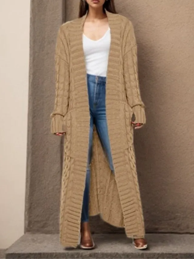 Long Cardigan V Neck Cable Knit Sweater with Pockets