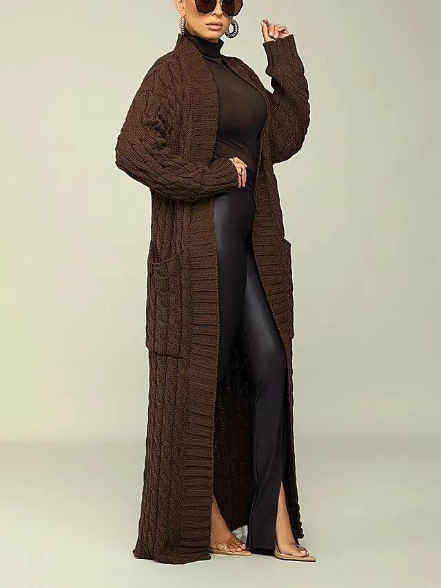 Long Cardigan V Neck Cable Knit Sweater with Pockets