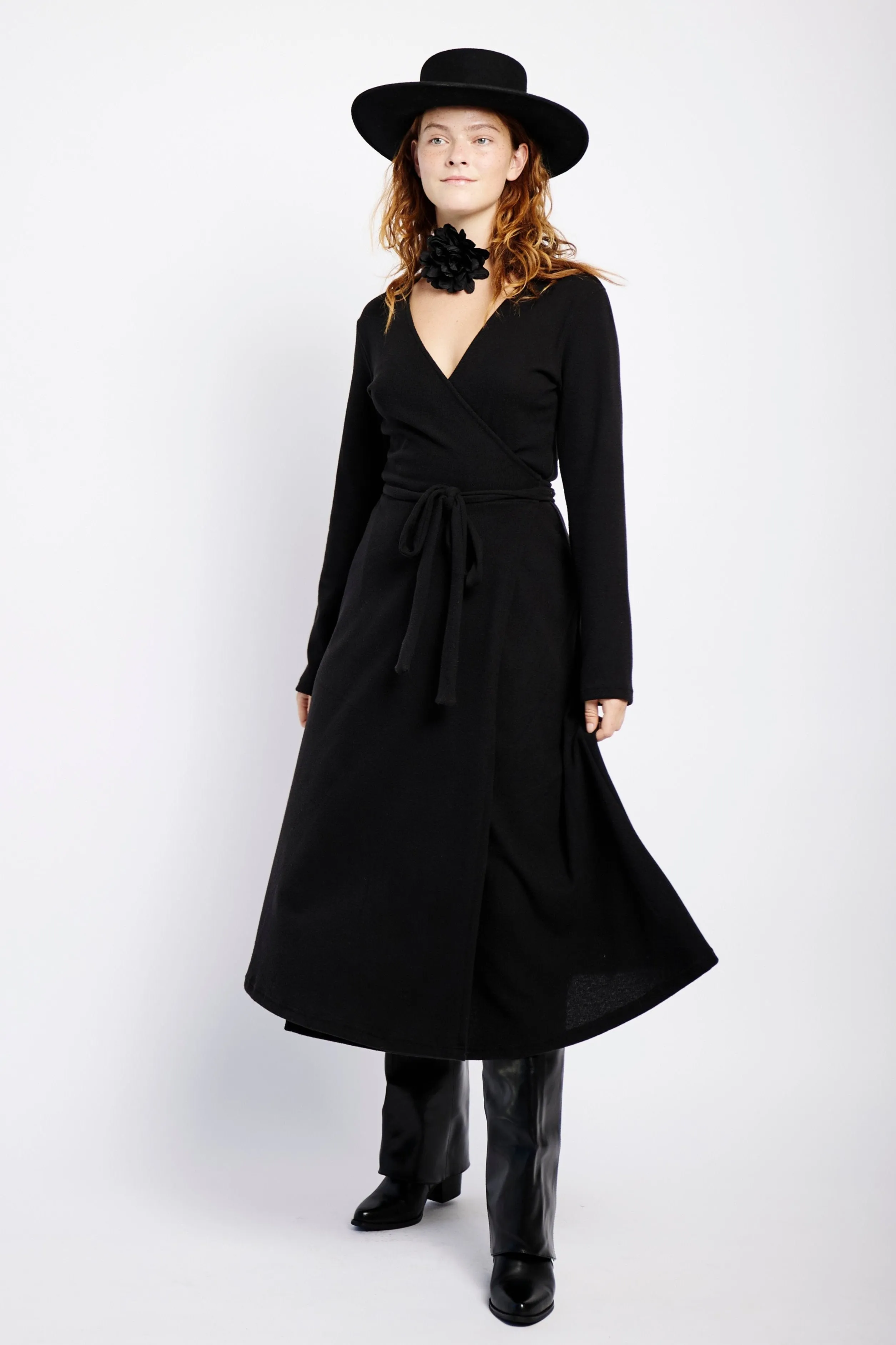 Longsleeve Cut and Sew Wrap Dress in Black