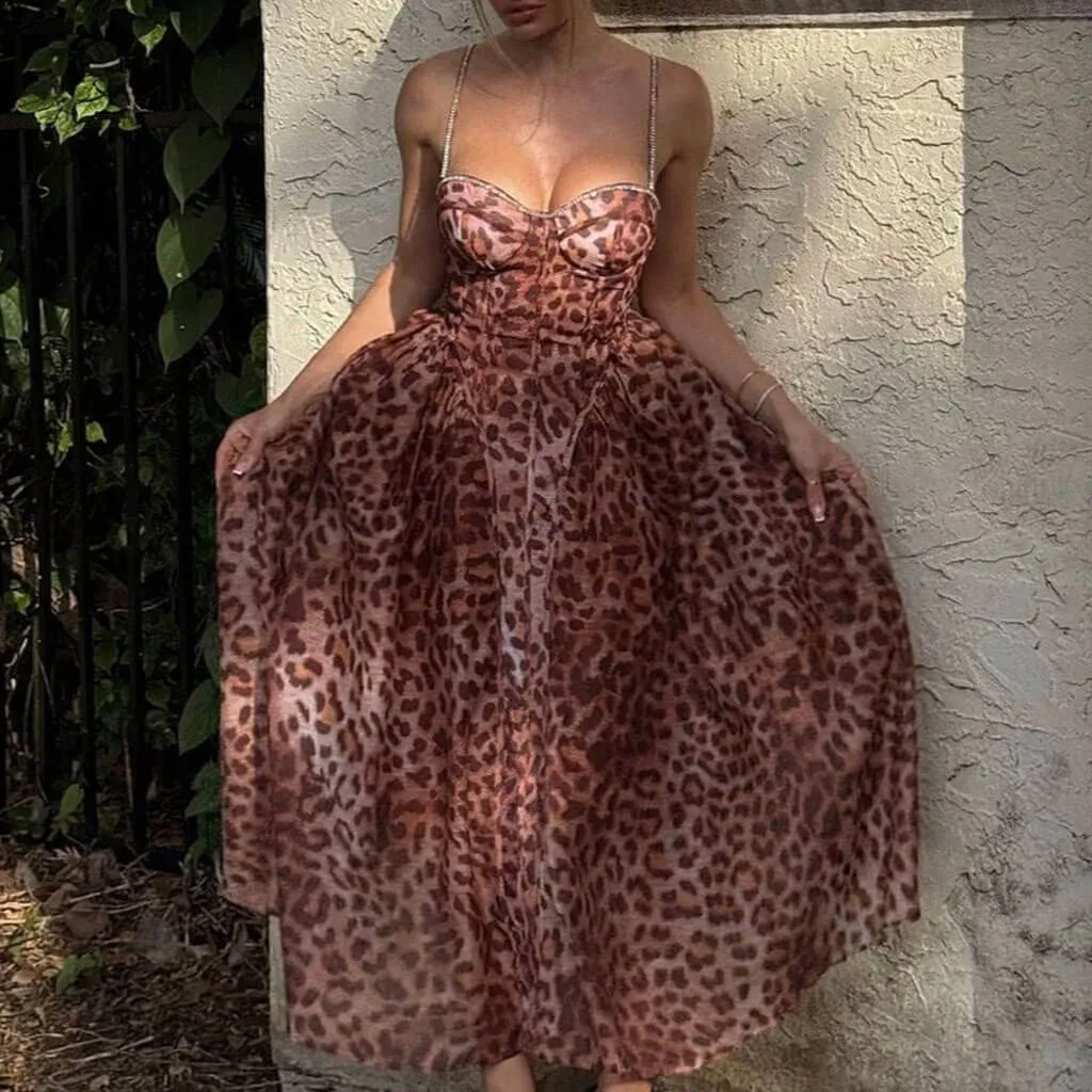 Luxurious Crystal Bustier Gathered Drop Waist Leopard Tulle Midi Sundress