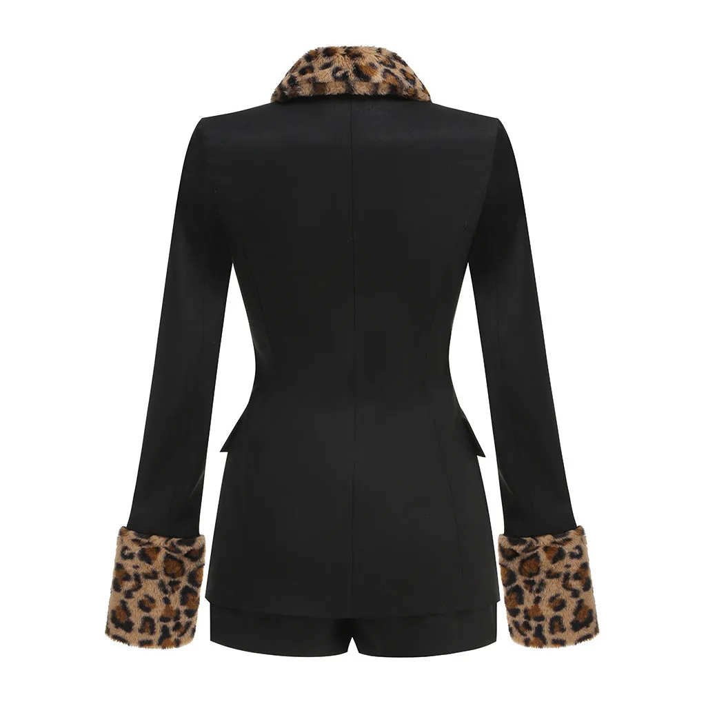 Luxury Leopard Faux Fur Collar Button Up Jacket Hot Shorts Matching Set