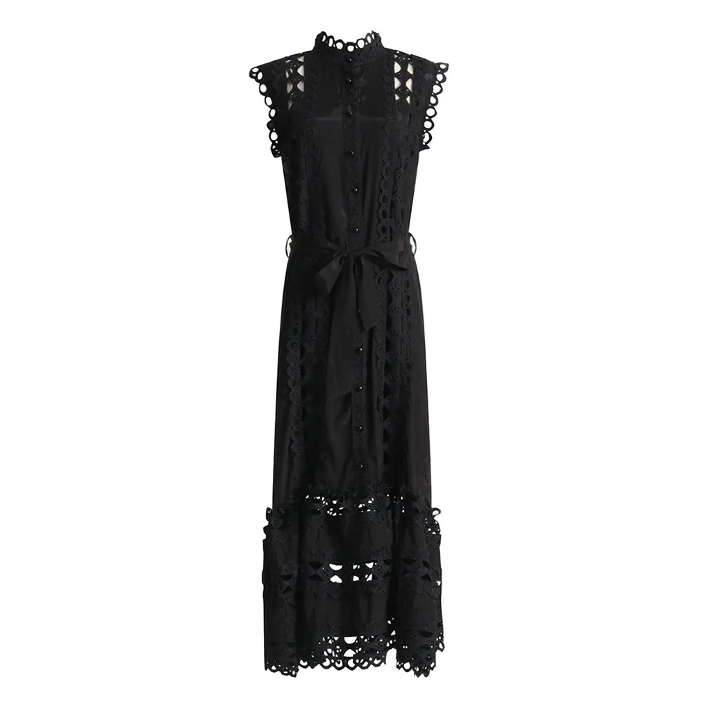 Luxury Mock Neck Sleeveless Buttoned Scalloped Guipure Lace Maxi Dress