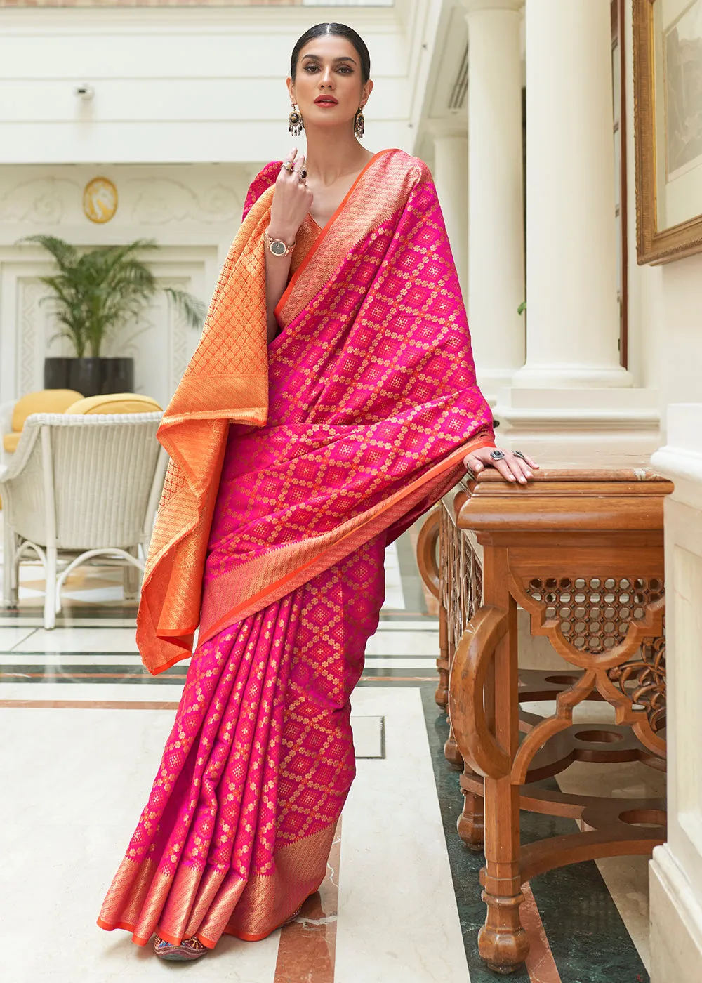 Magenta Pink Handloom Patola Weave Silk Saree