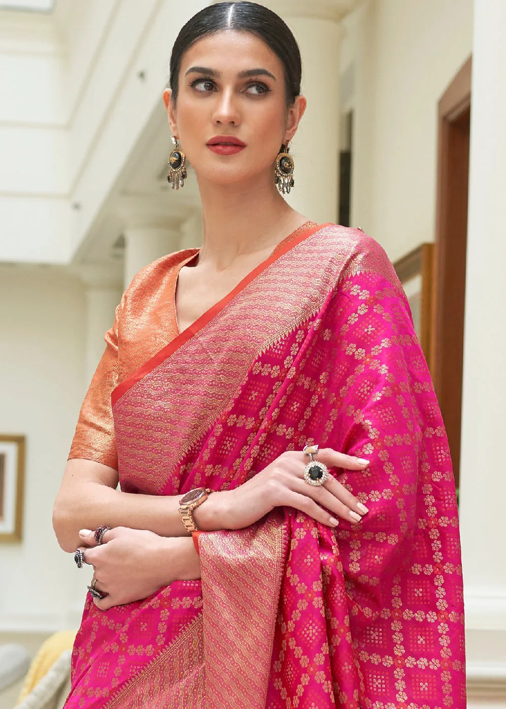 Magenta Pink Handloom Patola Weave Silk Saree