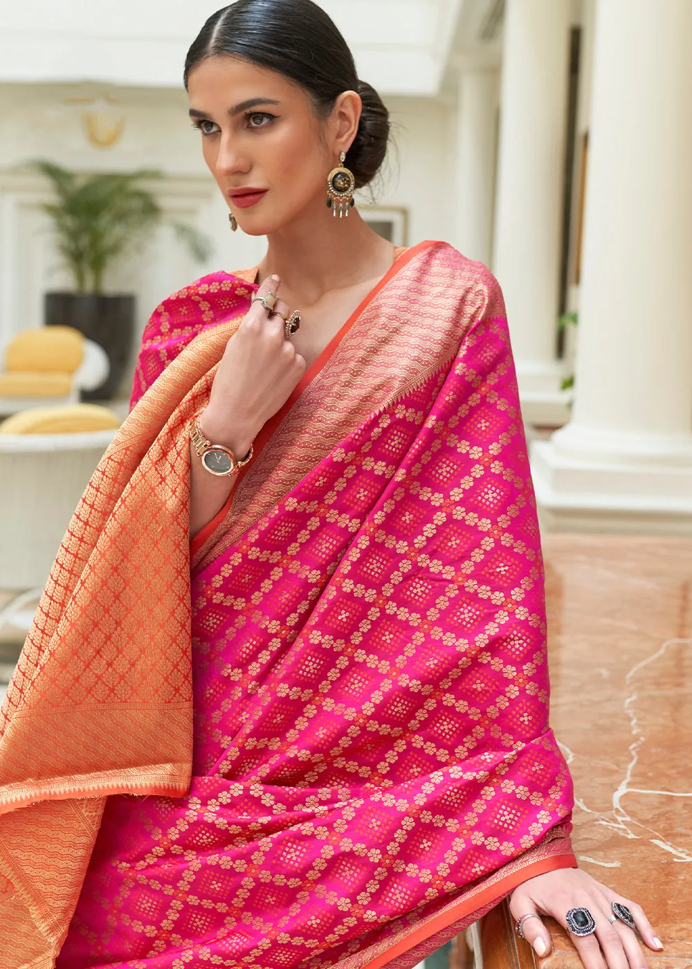 Magenta Pink Handloom Patola Weave Silk Saree