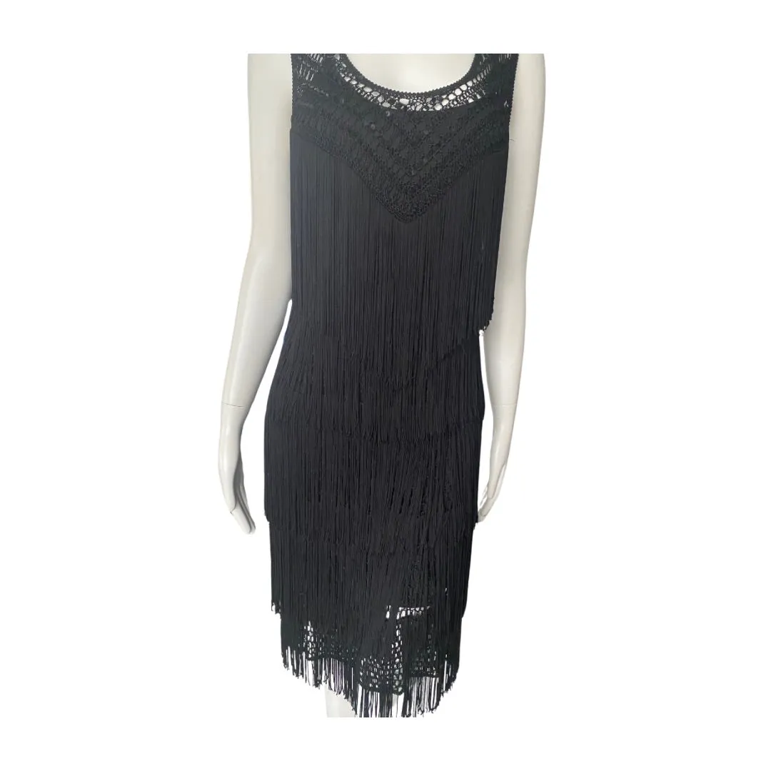 M&S Fringe Layered Midi Dress Black SIZE 10