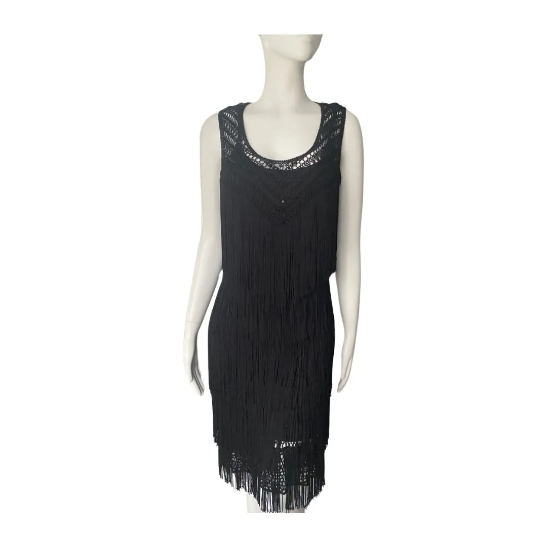 M&S Fringe Layered Midi Dress Black SIZE 10