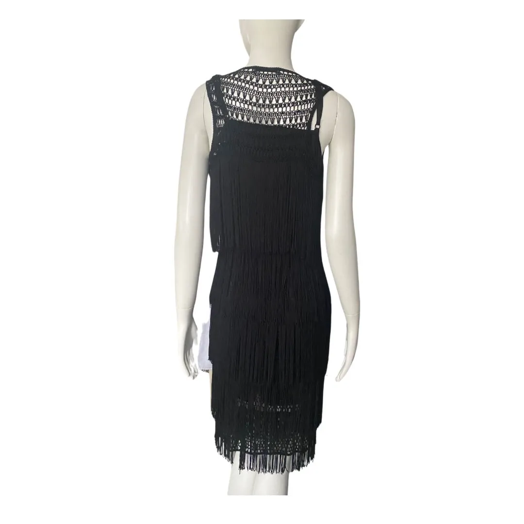 M&S Fringe Layered Midi Dress Black SIZE 10