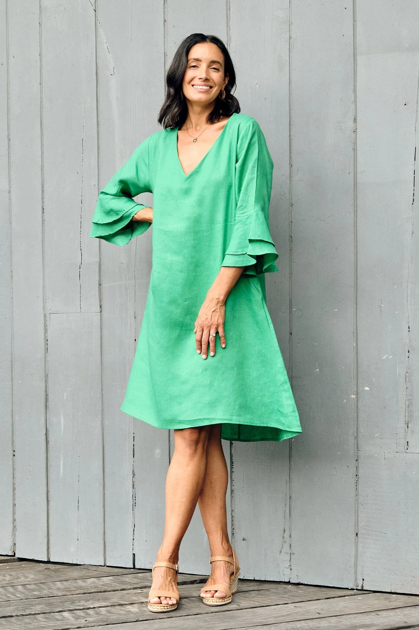 Mari Pure Linen Dress Emerald