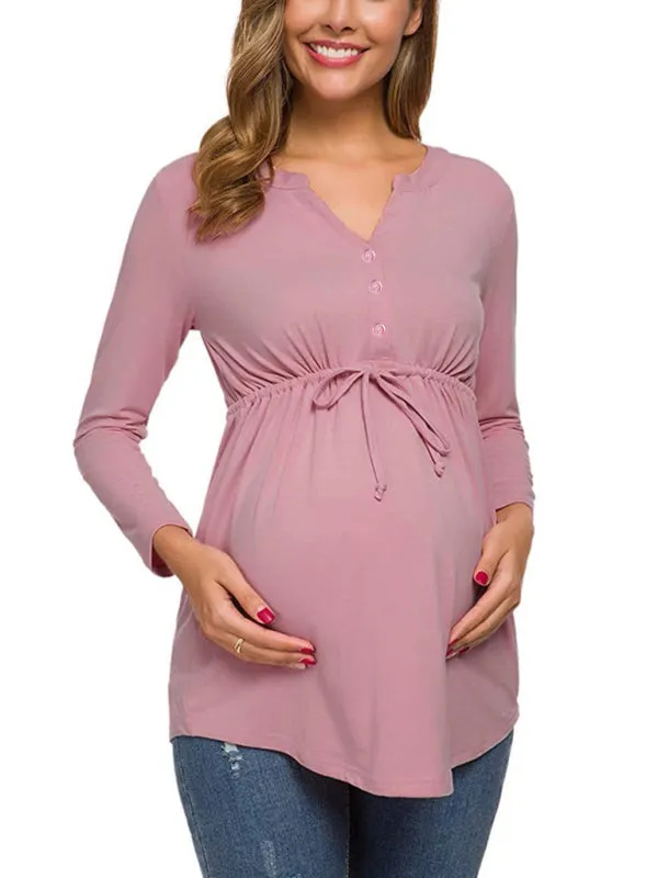 Maternity solid color drawstring button half cardigan long-sleeve T-shirt