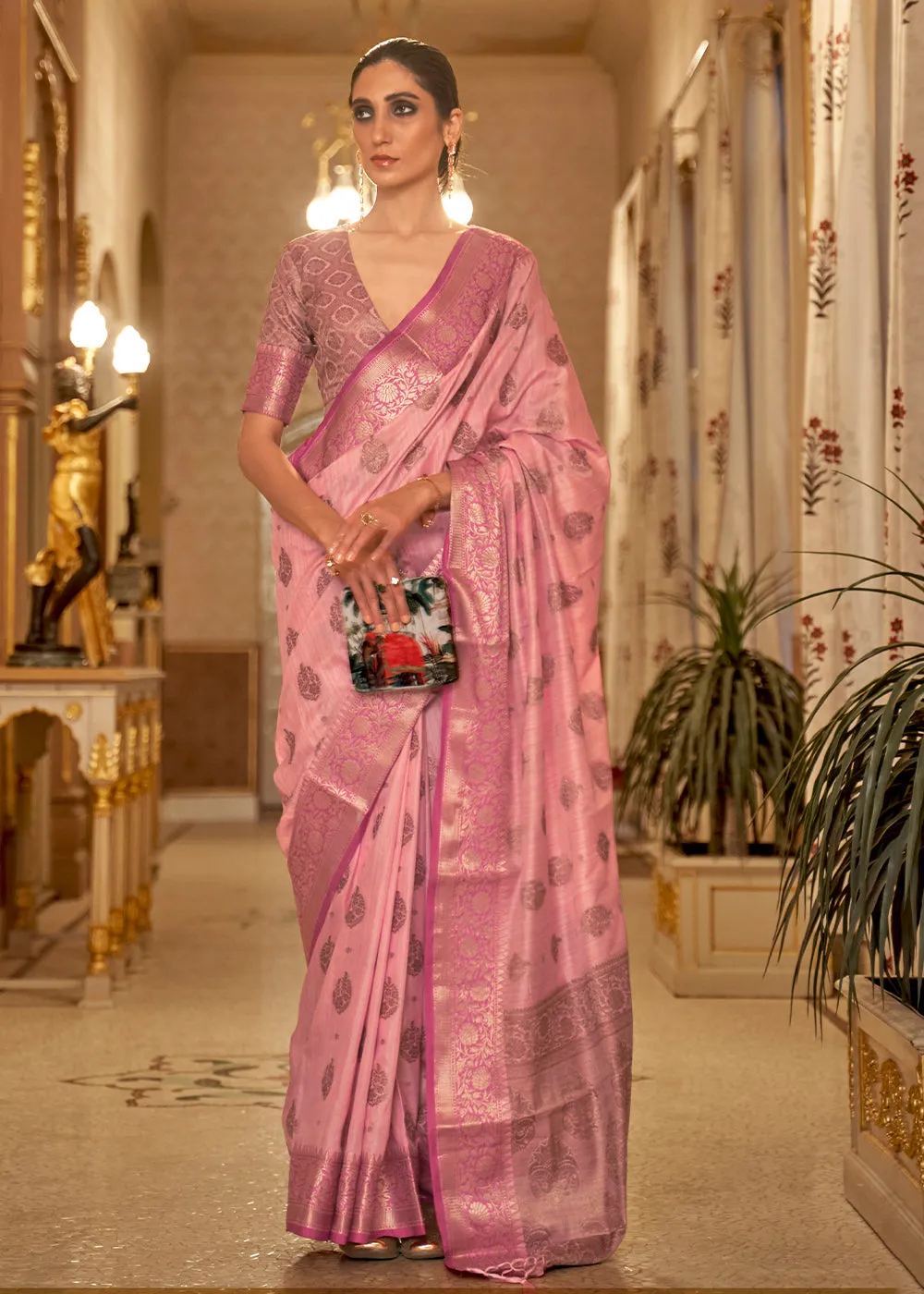 Mauvelous Pink Zari Butta Woven Tussar Silk Saree