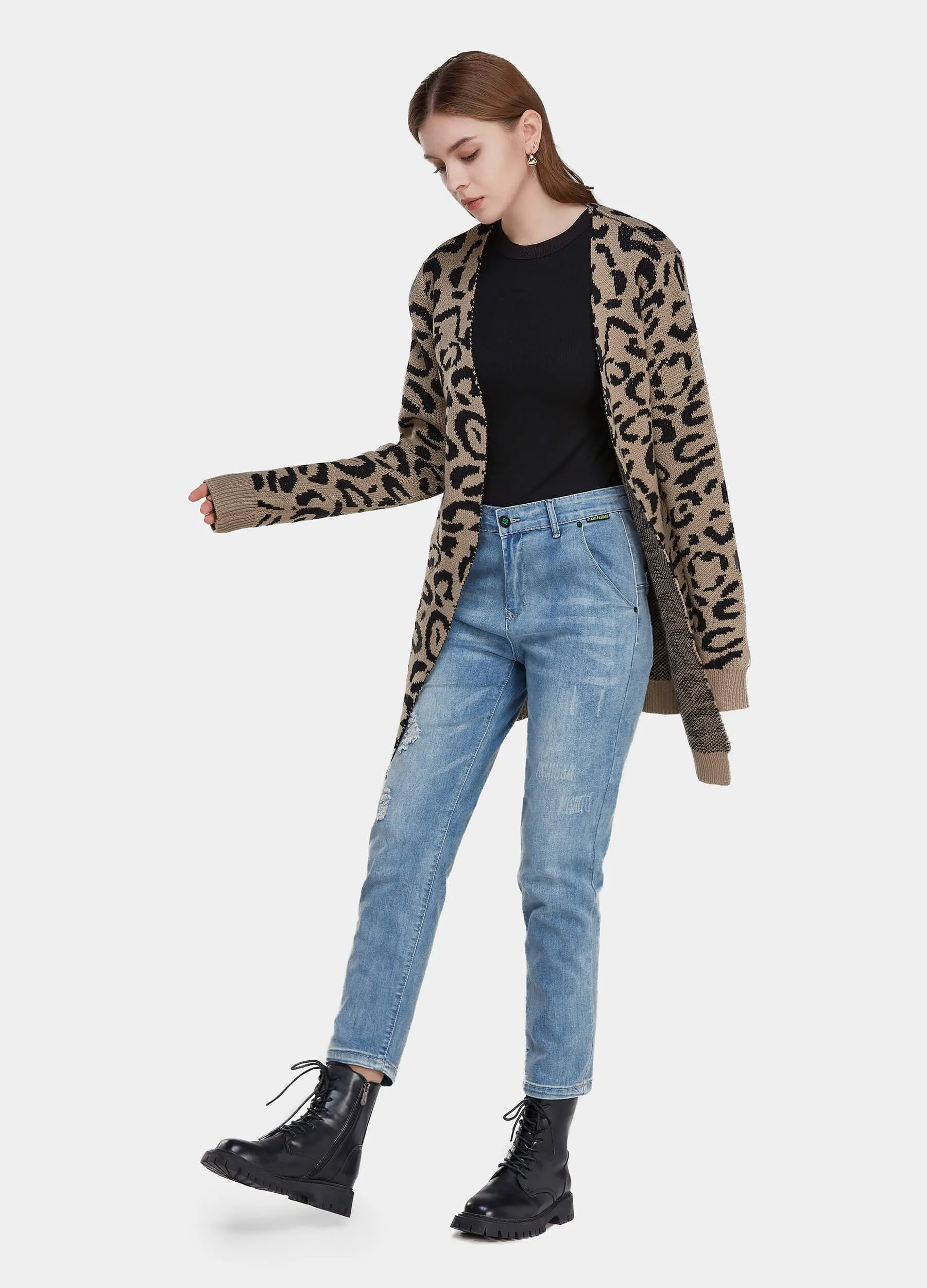 MECALA Women's Fall Leopard Print Open Front Long Knit Cardigan