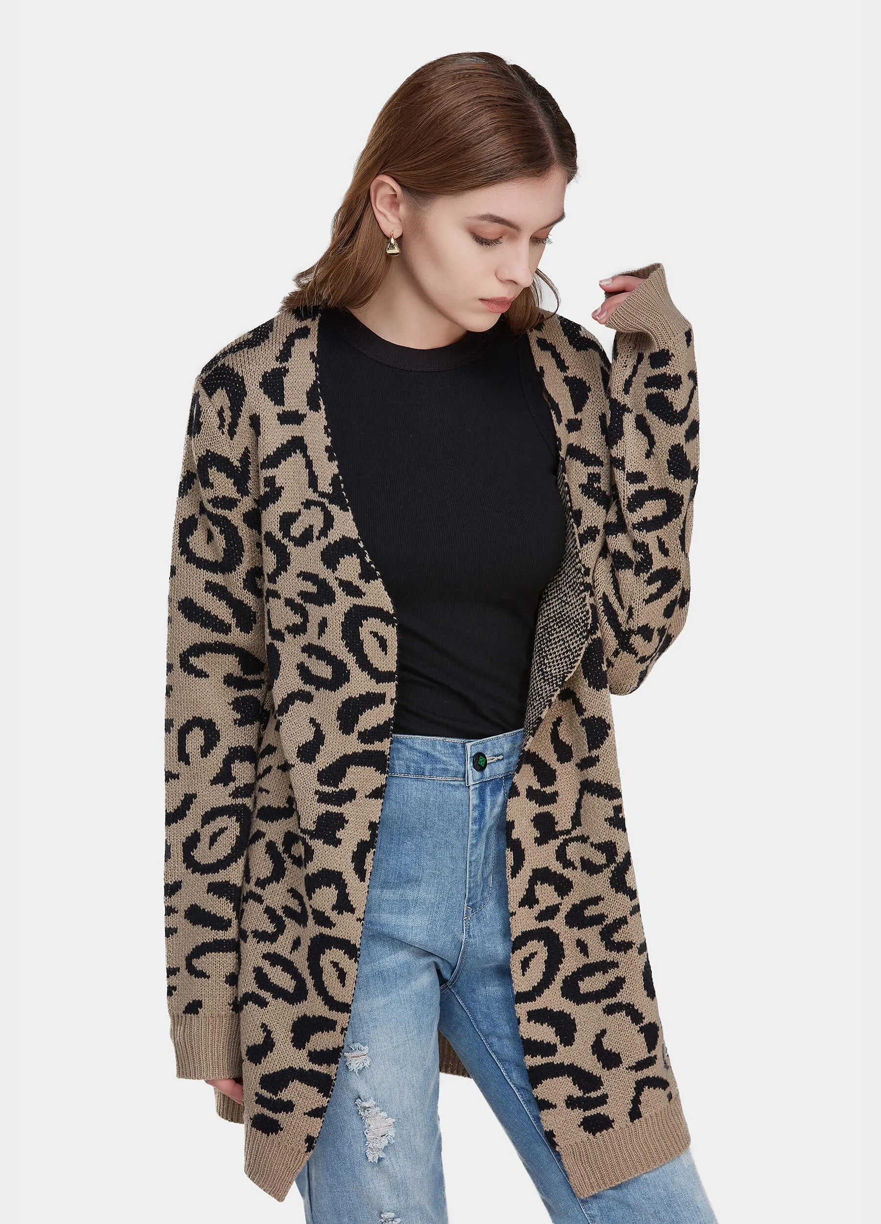 MECALA Women's Fall Leopard Print Open Front Long Knit Cardigan