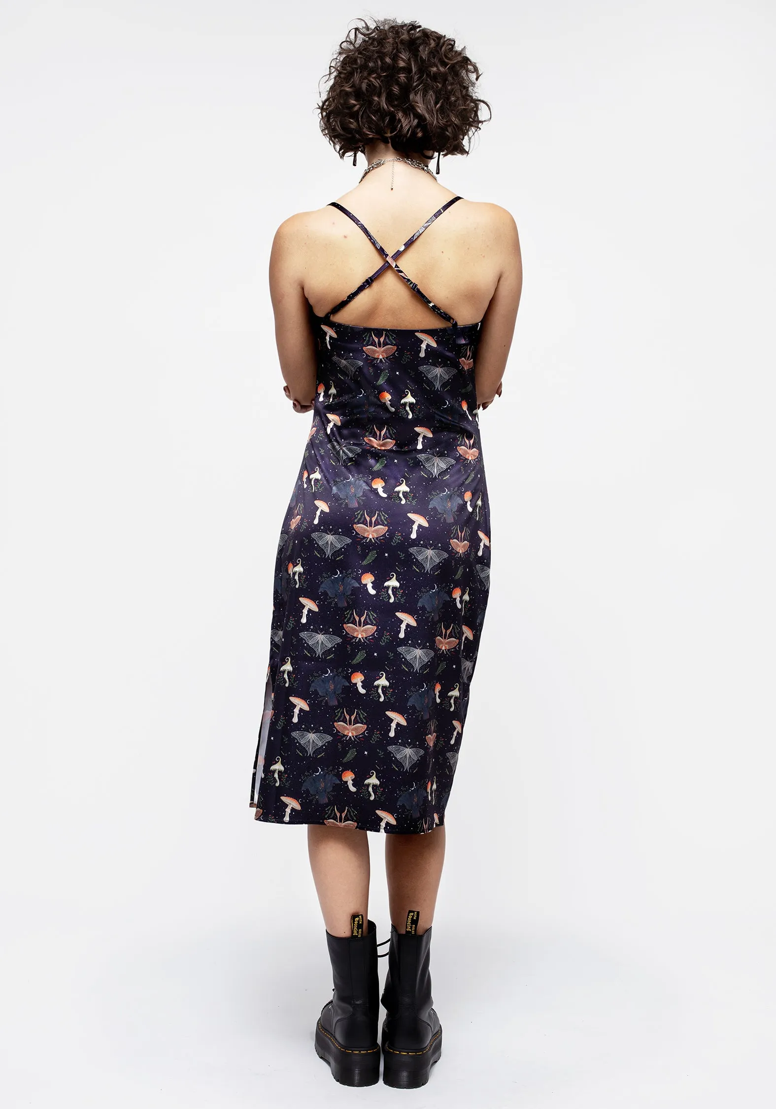 Medeina Print Cowl Neck Satin Midi Slip Dress