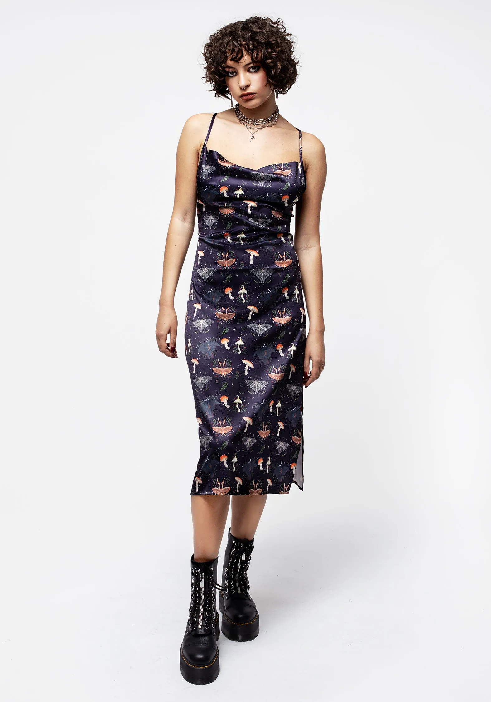 Medeina Print Cowl Neck Satin Midi Slip Dress