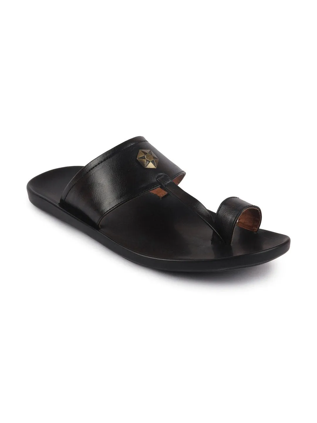 Men Black Slip On Indoor Toe Ring Slippers