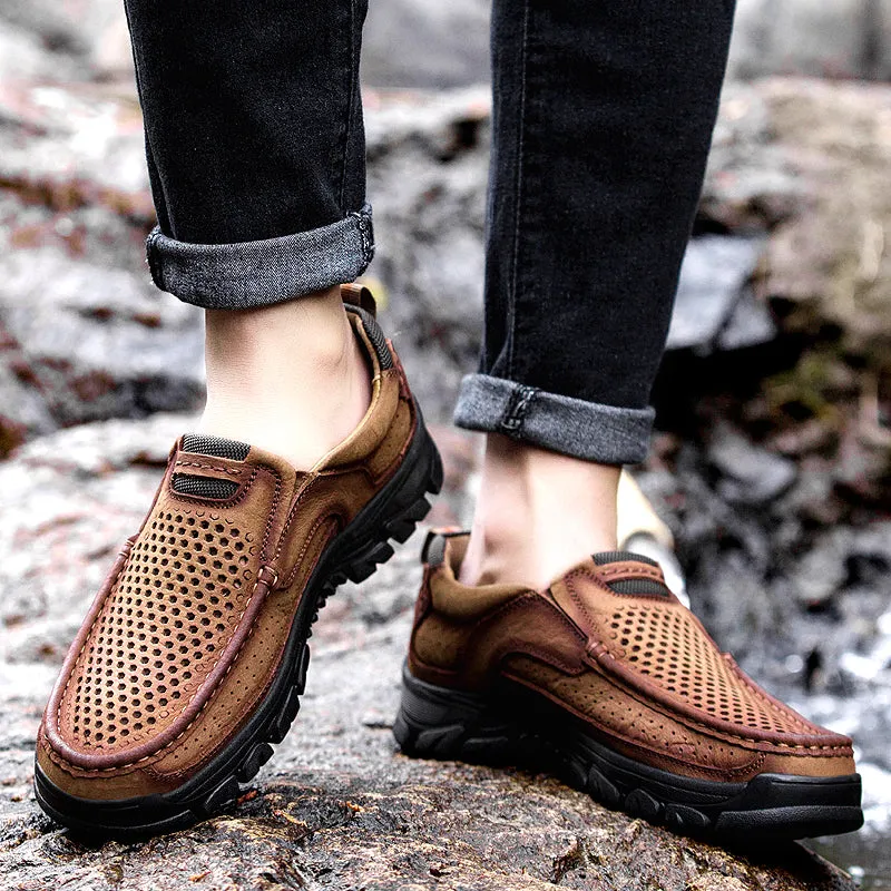 Men Casual Shoes Summer Loafers Breathable Genuine Leather Comfort Walking Shoes Fashion Driving Shoes Luxury  Brown Leather Shoes for Male Business Work Office Dress Outdoor 3237-2