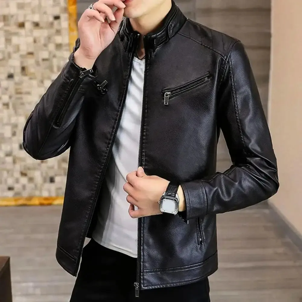 Men Faux Leather Jacket Men Fleece Lining Jacket Men's Fleece-lined Stand Collar Jacket Stylish Pleated for Autumn/winter