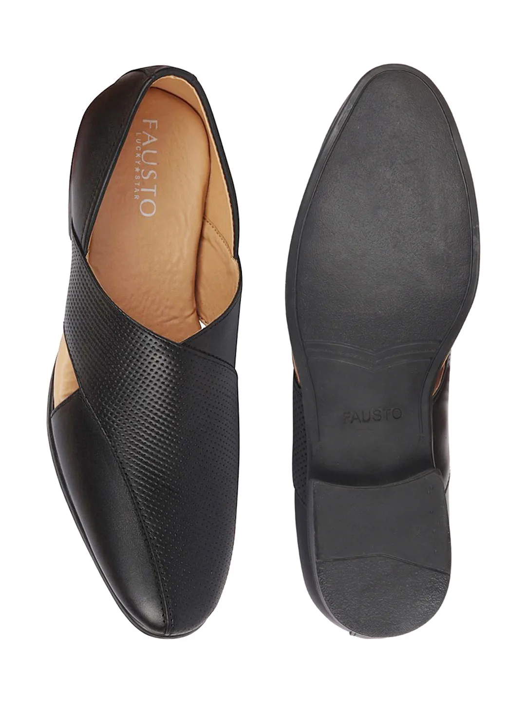 Men Formal Black Peshawari Front Open Leather Slip On Shoes