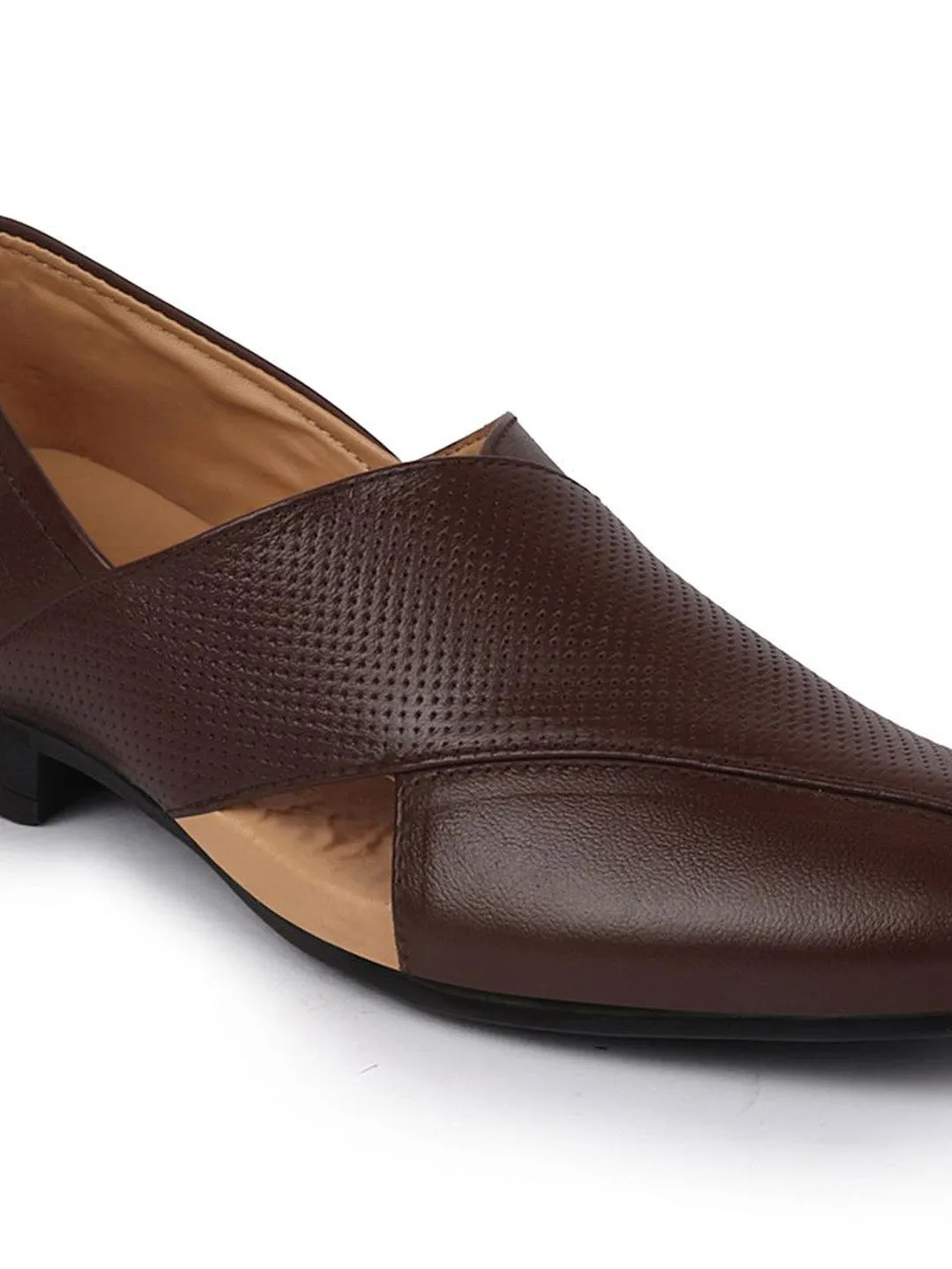 Men Formal Brown Peshawari Front Open Leather Slip On Shoes