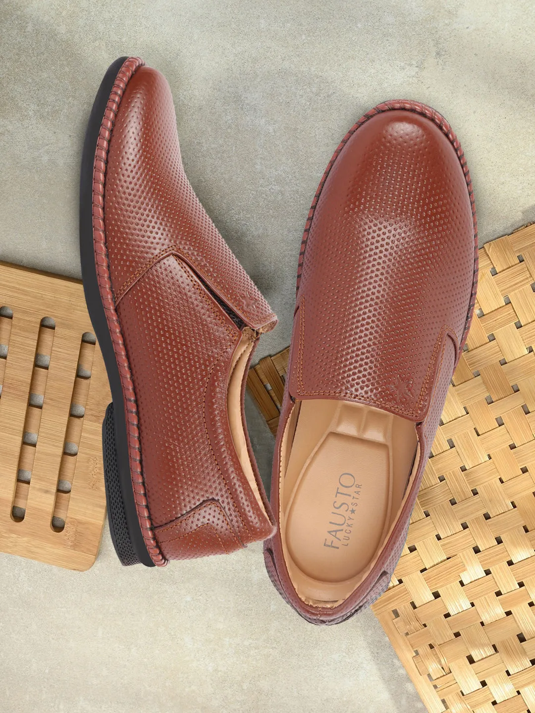 Men Tan Textured Formal/Office Broad Toe Leather Slip On Shoes